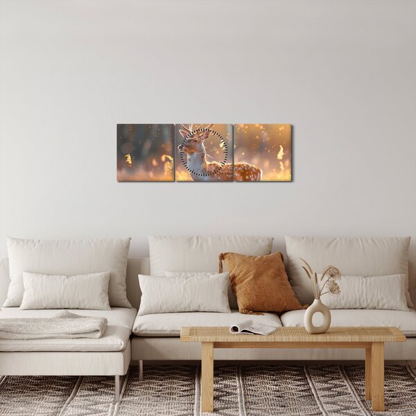 Obraz - Jelen v poli (s hodinami) (90x30 cm)