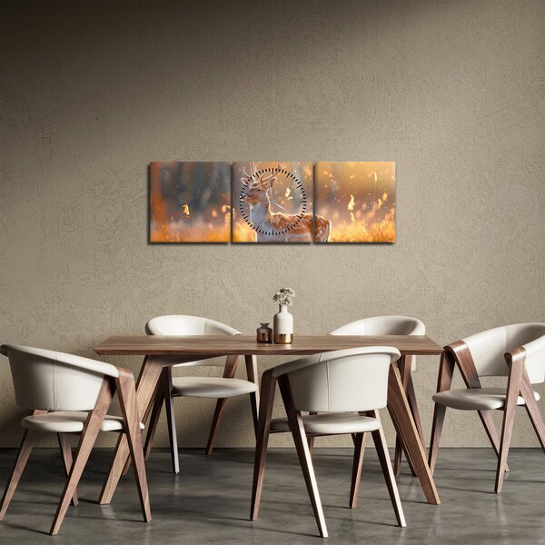 Obraz - Jelen v poli (s hodinami) (90x30 cm)