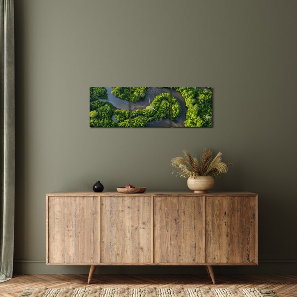 Obraz - Lesní krajina s řekou (s hodinami) (90x30 cm)