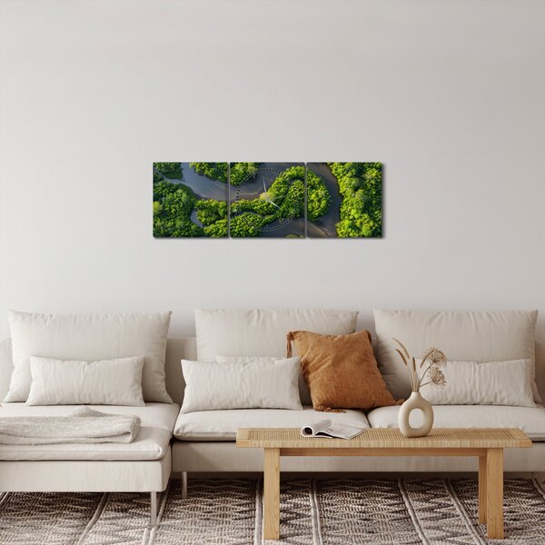 Obraz - Lesní krajina s řekou (s hodinami) (90x30 cm)