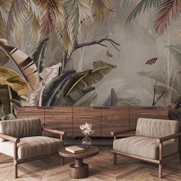 Fototapeta - Jungle na stěně s motýli (245x170 cm)