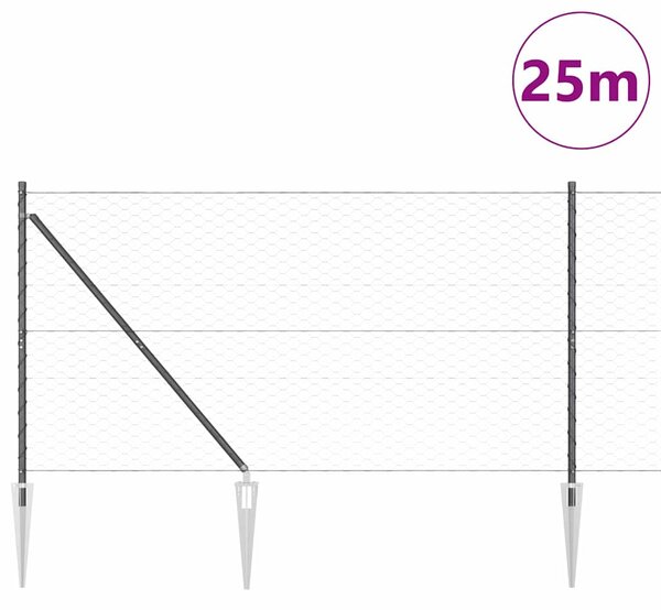 Hexagonální plot s podpěrou 25 x 1,4 m Ocel potažená PVC Šedá 3353246