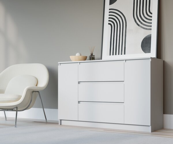 Komoda, matná bílá, 120 x 39 x 78 cm, 2 dvířka, 3 zásuvky
