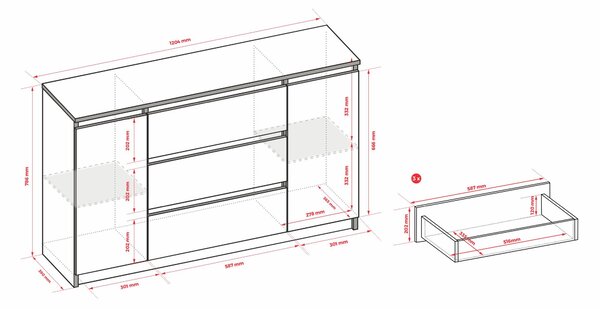 Komoda, matná černá, dub Wotan, 120 x 78 x 39 cm, 2 dvířka, 3 zásuvky