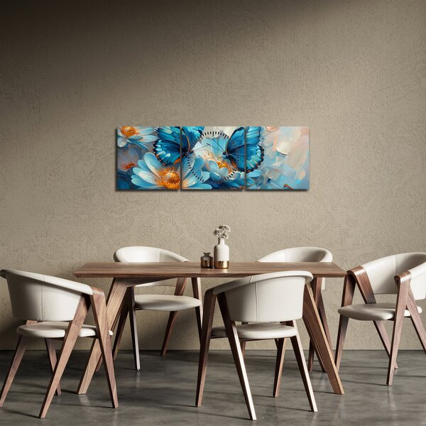 Obraz - Modří motýli (s hodinami) (90x30 cm)