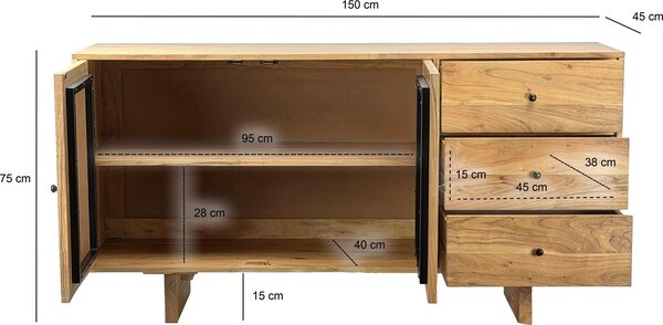 FineBuy Design Sideboard Akácie Masivní dřevo 150 cm se 2 dvířky a 3 zásuvkami - Masivní dřevěná komoda ručně vyrobená - Masivní dřevěná venkovská příborník