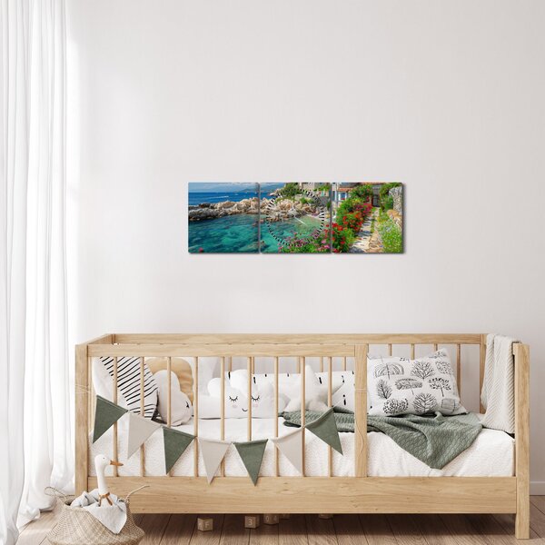 Obraz - Malebné pobřeží vesnice (s hodinami) (90x30 cm)