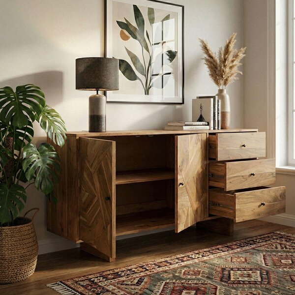 FineBuy Design Sideboard Akácie Masivní dřevo 150 cm se 2 dvířky a 3 zásuvkami - Masivní dřevěná komoda ručně vyrobená - Masivní dřevěná venkovská příborník