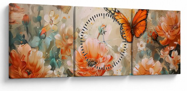 Obraz - Motýl a květy, olejomalba (s hodinami) (90x30 cm)