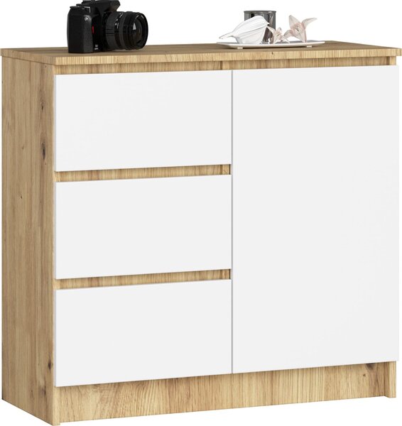 BDW, komoda, 3 zásuvky, 1 dvířka, skříňka, příborník, dub artisan / bílá