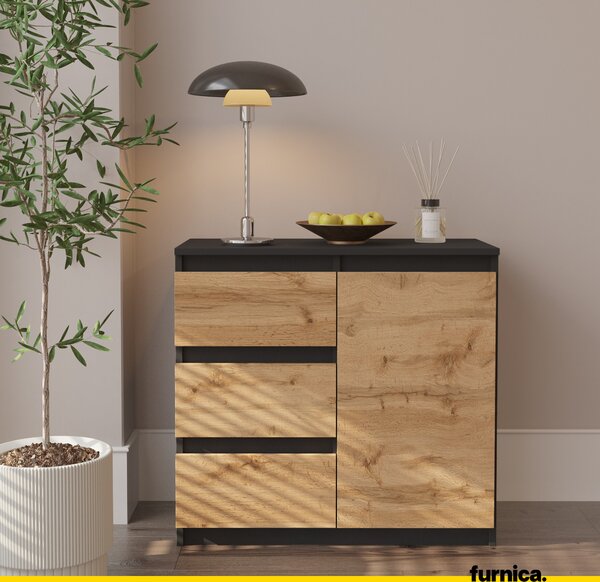 FURNICA - MIKEL - Komoda / příborník se 3 zásuvkami a 1 dvířky - antracitově šedá / dub Wotan V75cm Š80cm H35cm