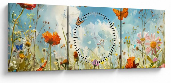 Obraz - Motýli na letní louce (s hodinami) (90x30 cm)
