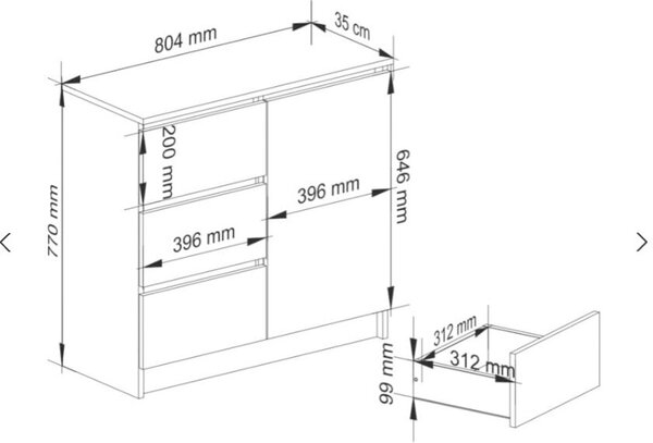 BDW, komoda, 3 zásuvky, 1 dvířka, skříň, příborník, beton