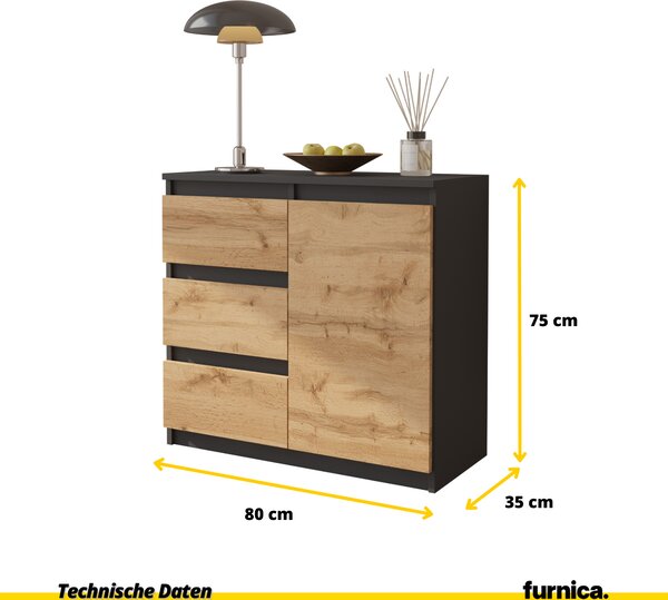 FURNICA - MIKEL - Komoda / příborník se 3 zásuvkami a 1 dvířky - antracitově šedá / dub Wotan V75cm Š80cm H35cm