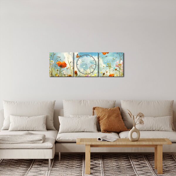 Obraz - Motýli na letní louce (s hodinami) (90x30 cm)