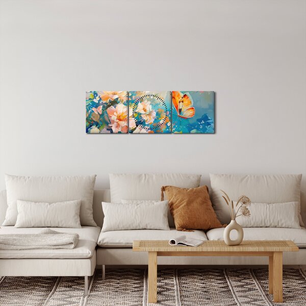 Obraz - Motýl a květy, olejomalba II. (s hodinami) (90x30 cm)