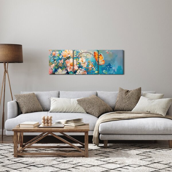Obraz - Motýl a květy, olejomalba II. (s hodinami) (90x30 cm)
