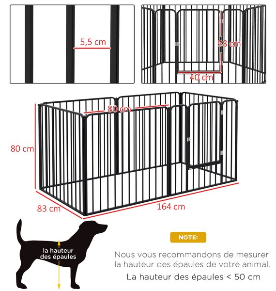 PawHut Modulární Ohradník pro Psy, Plot s 1 Dveřmi, 6 Panelů o Rozměrech 80 x 80 cm, Ocelový Hřiště a Cvičiště pro Psy a Mazlíčky, Výška 80 cm, Černý