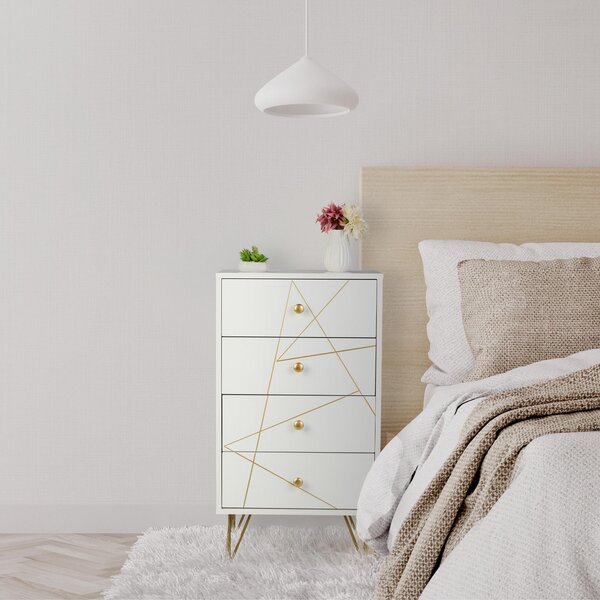Komoda Relaxdays, rozměry: 86 x 48 x 39 cm, 4 zásuvky, MDF, železo, obývací pokoj, ložnice, předsíň, doplňková komoda, bílá/zlatá