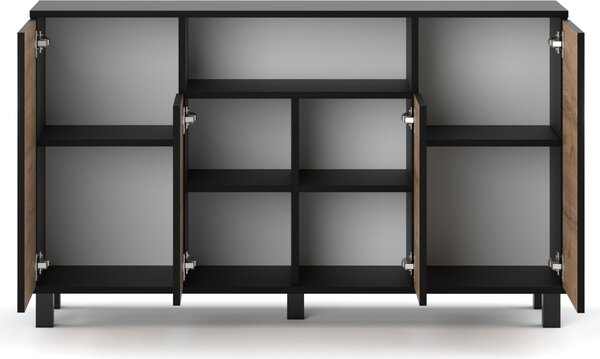 STIV Möbel | Komoda 140x35x80 cm Černý Mat / Dub Wotan | 4 dvířka | Obývák Ložnice | 9 polic