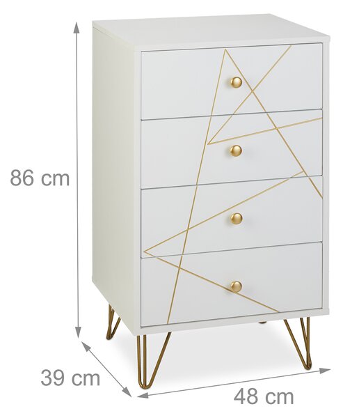 Komoda Relaxdays, rozměry: 86 x 48 x 39 cm, 4 zásuvky, MDF, železo, obývací pokoj, ložnice, předsíň, doplňková komoda, bílá/zlatá