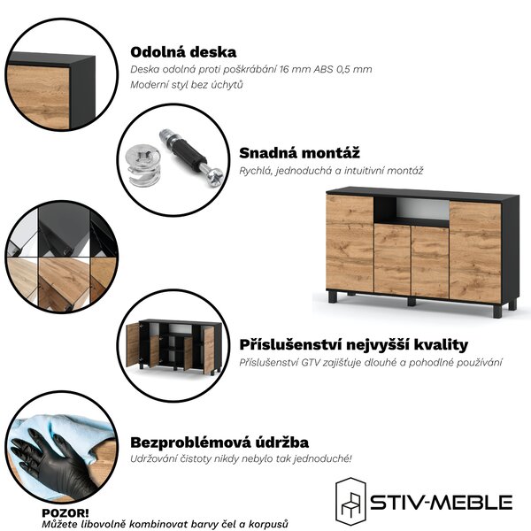STIV Möbel | Komoda 140x35x80 cm Černý Mat / Dub Wotan | 4 dvířka | Obývák Ložnice | 9 polic