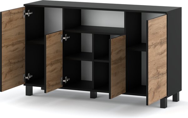 STIV Möbel | Komoda 140x35x80 cm Černý Mat / Dub Wotan | 4 dvířka | Obývák Ložnice | 9 polic