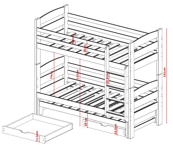 Dětská patrová postel z masivu borovice CYRIL s přistýlkou a šuplíky - 200x90 cm - BÍLÁ