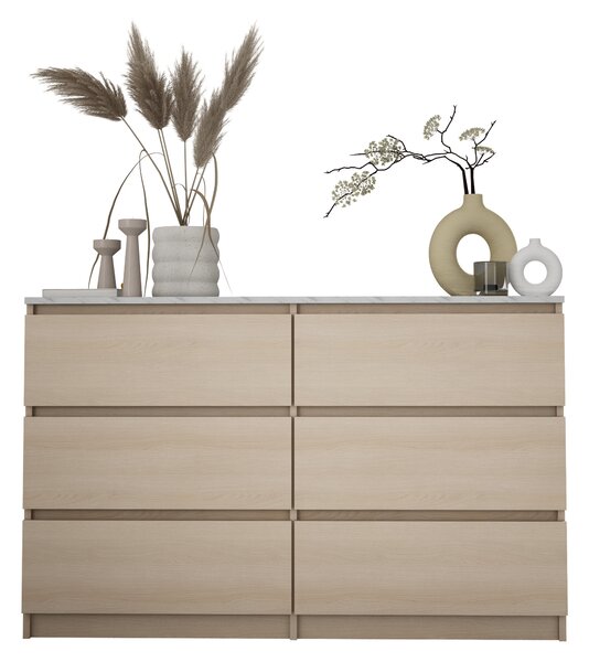 Komoda 6 zásuvek, dub Lindberg / bílý mramor, 120 x 78 x 39 cm