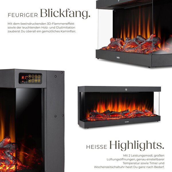 Elektrický nástěnný krb Luciano, 2 nastavení teploty, efekt plamene, aplikace - černý