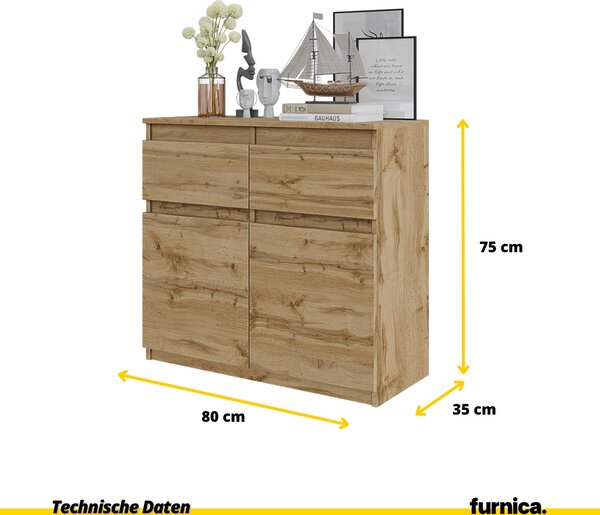 FURNICA - NOAH - Komoda se 2 zásuvkami a 2 dvířky - dub Wotan V75cm Š80cm H35cm