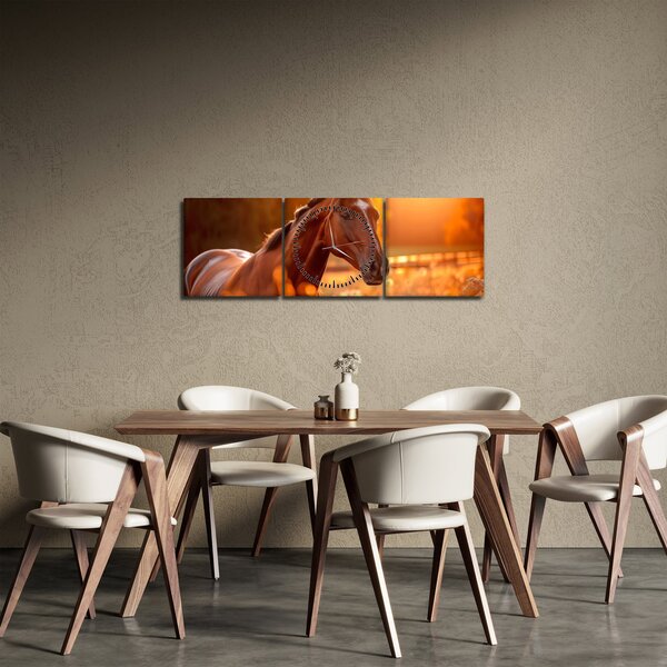 Obraz - Kůň v západu slunce (s hodinami) (90x30 cm)