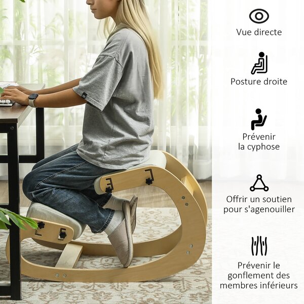 HOMCOM Klekací Židle, Ergonomická Houpací Dřevěná Klekací Židle, Nastavitelná Klekací Stolička pro Domácí Kancelář, Zlepšení Držení Těla, Bolesti Zad