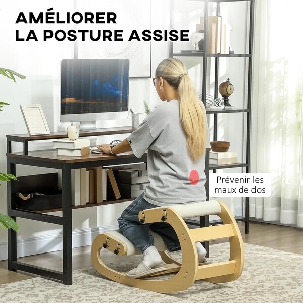 HOMCOM Klekací Židle, Ergonomická Houpací Dřevěná Klekací Židle, Nastavitelná Klekací Stolička pro Domácí Kancelář, Zlepšení Držení Těla, Bolesti Zad