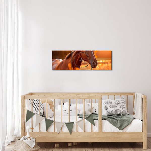 Obraz - Kůň v západu slunce (s hodinami) (90x30 cm)
