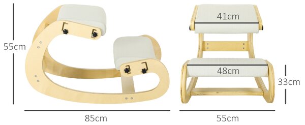 HOMCOM Klekací Židle, Ergonomická Houpací Dřevěná Klekací Židle, Nastavitelná Klekací Stolička pro Domácí Kancelář, Zlepšení Držení Těla, Bolesti Zad