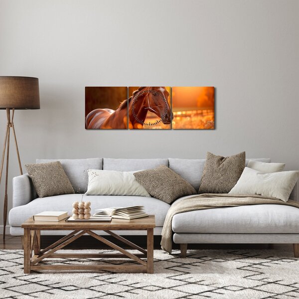 Obraz - Kůň v západu slunce (s hodinami) (90x30 cm)