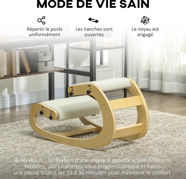 HOMCOM Klekací Židle, Ergonomická Houpací Dřevěná Klekací Židle, Nastavitelná Klekací Stolička pro Domácí Kancelář, Zlepšení Držení Těla, Bolesti Zad