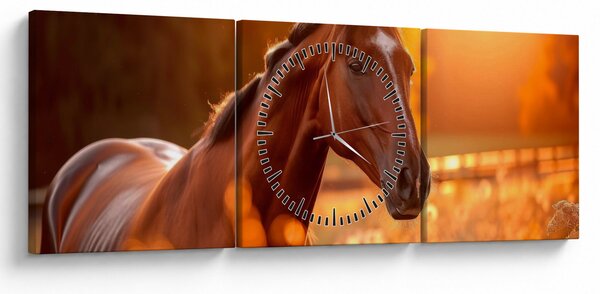 Obraz - Kůň v západu slunce (s hodinami) (90x30 cm)