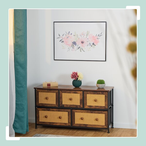 Komoda Relaxdays, 5 zásuvek, vzhled ratanu, předsíň, ložnice, rozměry 54,5 x 100 x 32,5 cm, příborník, kov, hnědá/černá