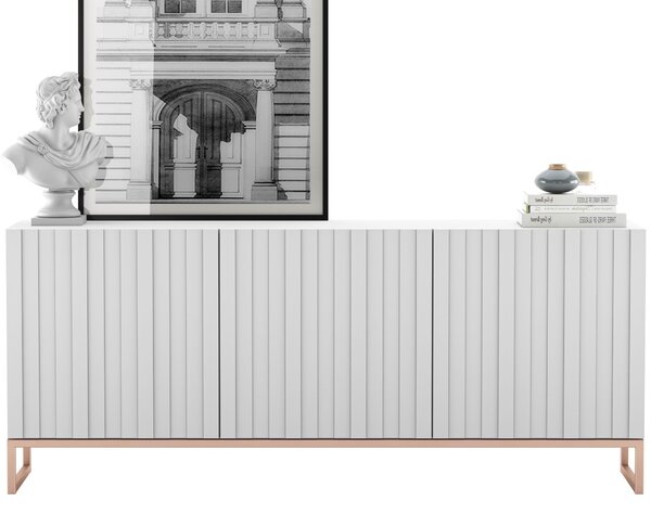 Komoda RTV Glamour 3D TV skříňka Moderní Nábytek Lindner 168cm x 36,5cm x 72 cm Barva: bílý matný Rám: měděná barva - kov