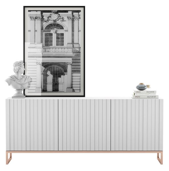 Komoda RTV Glamour 3D TV skříňka Moderní Nábytek Lindner 168cm x 36,5cm x 72 cm Barva: bílý matný Rám: měděná barva - kov