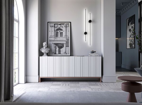 Komoda RTV Glamour 3D TV skříňka Moderní Nábytek Lindner 168cm x 36,5cm x 72 cm Barva: bílý matný Rám: měděná barva - kov