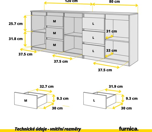 MIKEL - Komoda se 6 zásuvkami a 3 dvířky - Komoda do ložnice Úložná skříňka Příborník - dub Wotan V75cm Š200cm H35cm