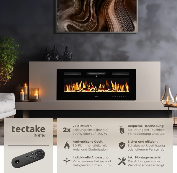 Elektrický nástěnný krb Luci, 2 nastavení teploty, efekt plamene - 106,5 x 12 x 43 cm
