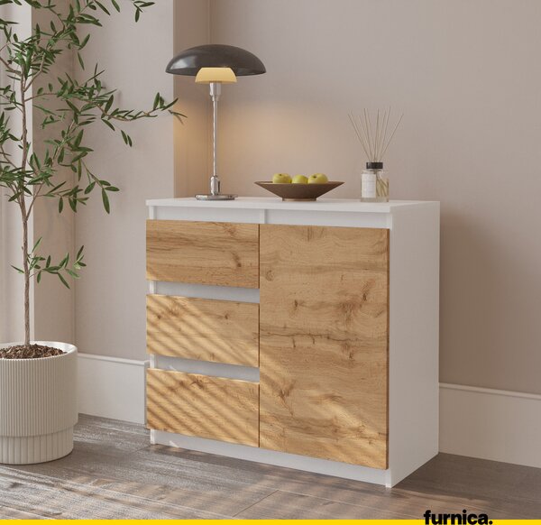 FURNICA - MIKEL - Komoda / příborník se 3 zásuvkami a 1 dvířky - bílý mat / dub Wotan V75cm Š80cm H35cm