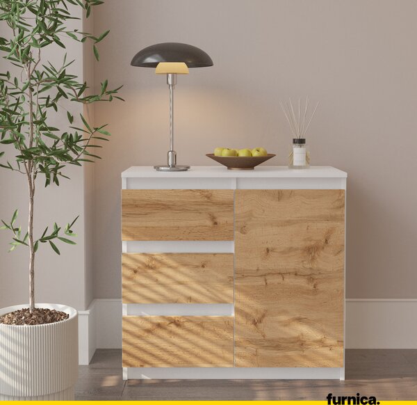 FURNICA - MIKEL - Komoda / příborník se 3 zásuvkami a 1 dvířky - bílý mat / dub Wotan V75cm Š80cm H35cm