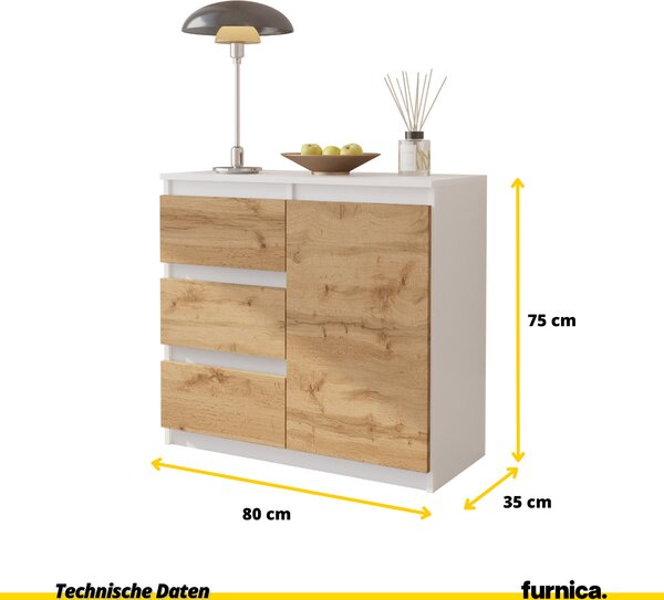 FURNICA - MIKEL - Komoda / příborník se 3 zásuvkami a 1 dvířky - bílý mat / dub Wotan V75cm Š80cm H35cm