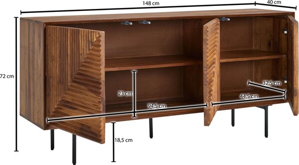 FineBuy Příborník z masivního dřeva sheesham 150 cm se 3 dvířky – Masivní retro komoda s řezbami – Designový přírodní příborník – Ručně vyrobený v industriálním stylu