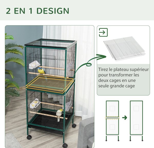 PawHut Velká ptákovnice na stojanu - Dvoukomorová voliéra s krmítky a bidly, odnímatelný tác - S kolečky - 51,5 x 50 x 140 cm Zelená Černá | Aosom